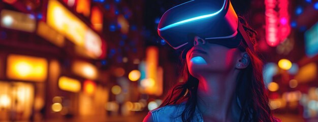 Kobieta nosząca słuchawki wirtualnej rzeczywistości w Night City