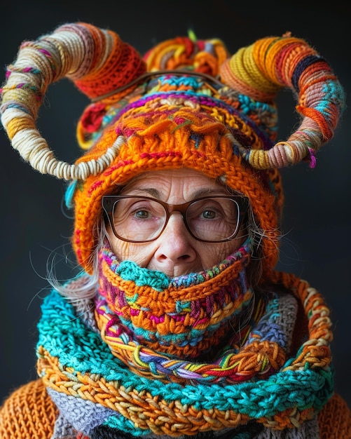 Kobieta nosząca szalik z napisem "knit"