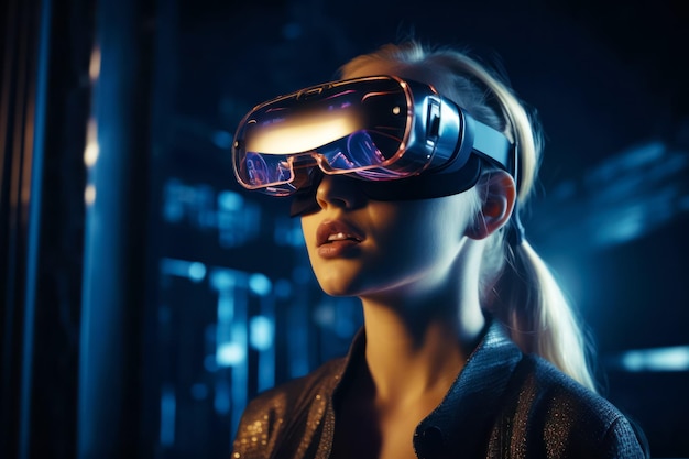 Kobieta nosząca zestaw słuchawkowy rzeczywistości wirtualnej w ciemnym mieście nocą Generacyjna sztuczna inteligencja