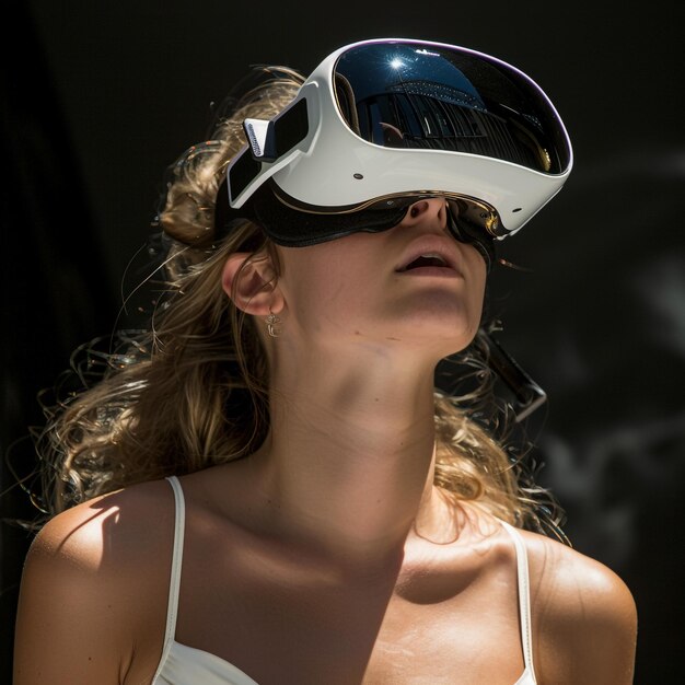 Kobieta nosząca zestaw słuchawkowy VR i interagująca z symulacją wirtualnej rzeczywistości i koncepcją metaverse