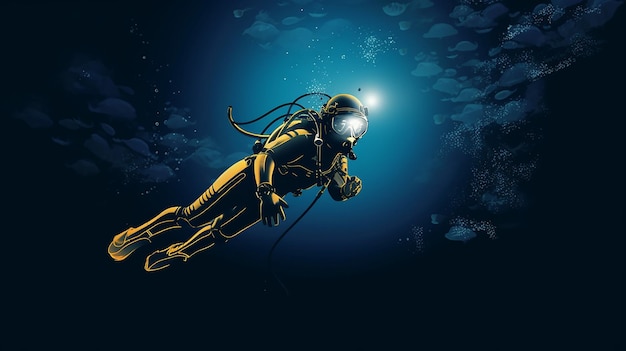 Kobieta nurkująca w ciemnoniebieskim morzu sztandar na czarnym tle Generative AI