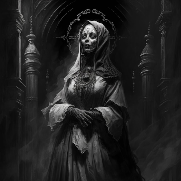 Kobieta o białej twarzy i koronie na głowie stoi przed gotyckim tronem.