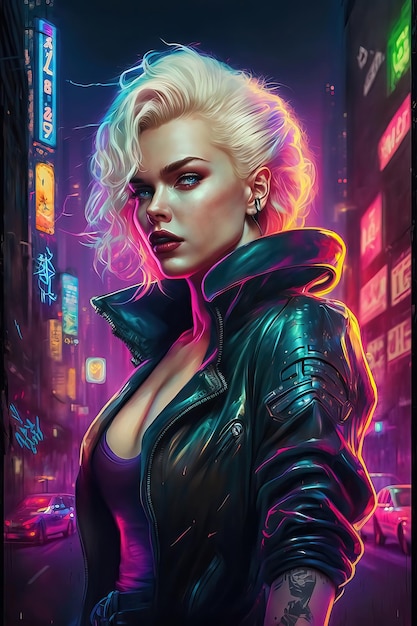 Kobieta o blond włosach i czarnej kurtce stoi przed miastem Cyberpunk