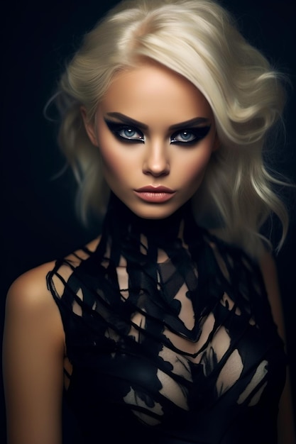 Kobieta o blond włosach i niebieskich oczach, ubrana w czarną sukienkę z przezroczystą sztuczną inteligencją