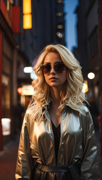 Kobieta o blond włosach i okularach przeciwsłonecznych stoi na ciemnej ulicy