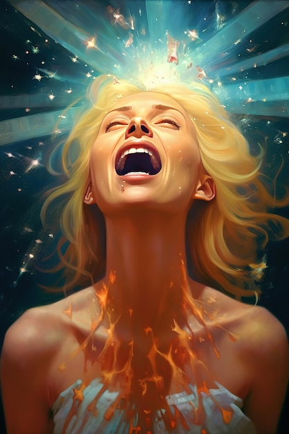 Kobieta o blond włosach i płonącym ogniu na twarzy