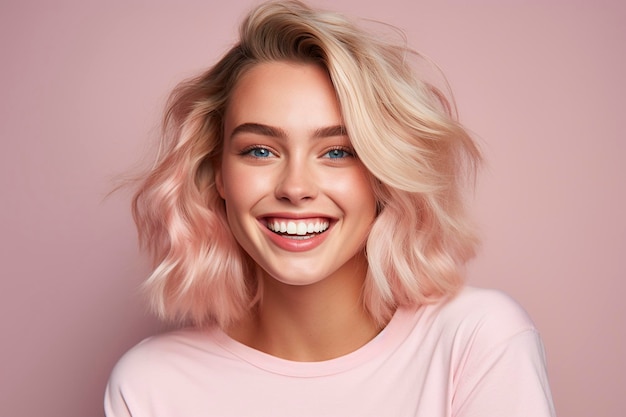 Kobieta o blond włosach i różowej koszuli uśmiecha się do kamery.