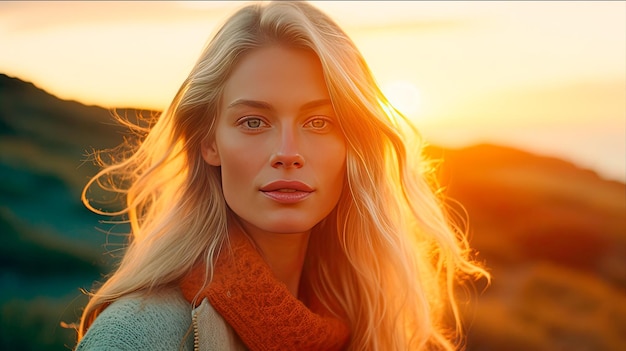 Zdjęcie kobieta o blond włosach i szaliku stoi przed zachodem słońca.