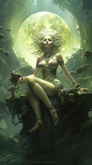 Kobieta o blond włosach siedzi na skale z zielonym lasem w tle.