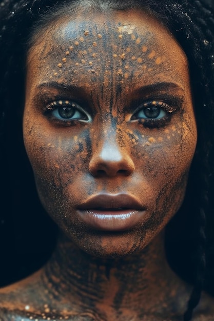 Kobieta o czarnej skórze i twarzy pomalowanej złotą farbą.