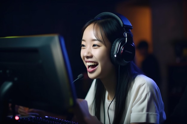 Kobieta o czarnych, długich włosach i uśmiechu, ubrana w zdjęcie zestawu słuchawkowego do gier
