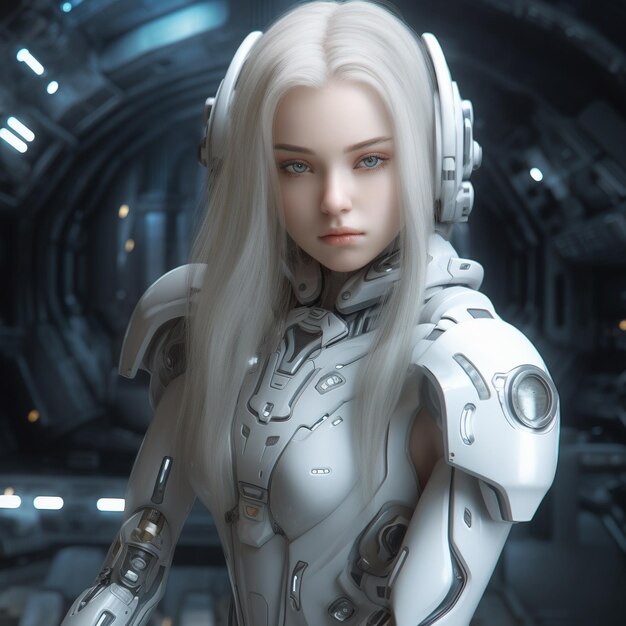 kobieta o długich blond włosach stoi przed statkiem kosmicznym.