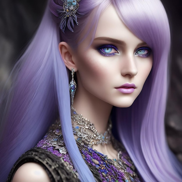 Kobieta o fioletowych włosach i niebieskich oczach ma na sobie naszyjnik i kolczyki.