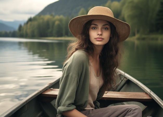 Kobieta o jasnej twarzy Siedząca na lokalnej łodzi na rzece w porannej atmosferze Generacyjna sztuczna inteligencja