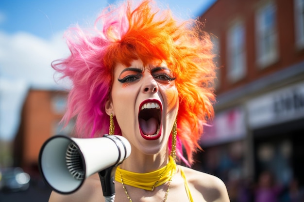 kobieta o jasnopomarańczowych włosach krzycząca do megafonu