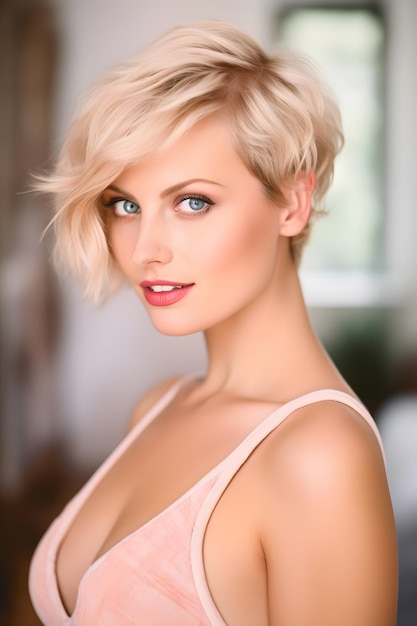Zdjęcie kobieta o krótkich blond włosach i różowym topie