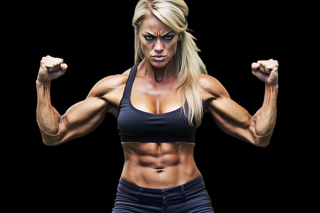 Zdjęcie kobieta o muskularnym ciele i uniesionych ramionach na czarnym tle