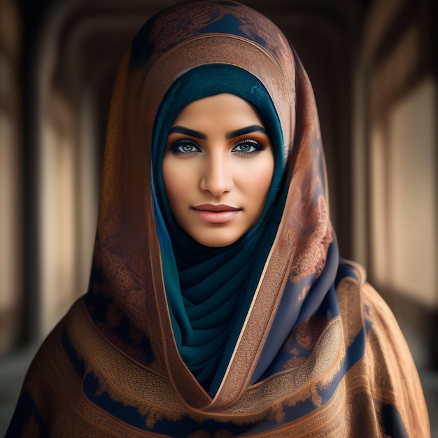 Kobieta o niebieskich oczach i szaliku z napisem „al - adha”