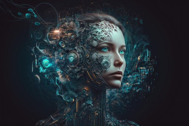Kobieta o niebieskich oczach i twarzy robota Sztuczna inteligencja Ai High Tech Czat GPT