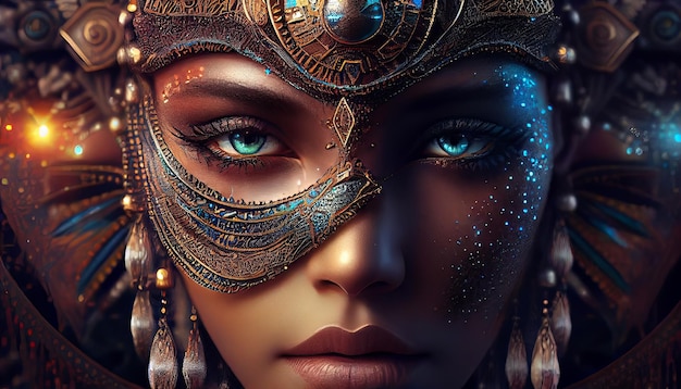 Kobieta o niebieskich oczach i złotej masce