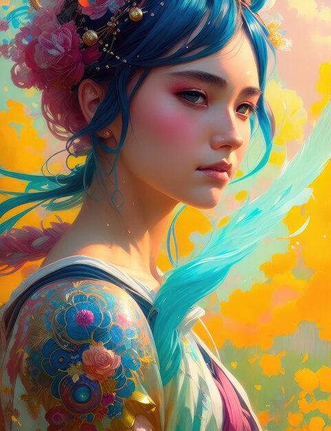 Kobieta o niebieskich włosach i kwiatowym tatuażu na ramieniu