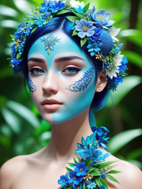 Kobieta O Niebieskich Włosach I Namalowanym Na Twarzy Kwiatku