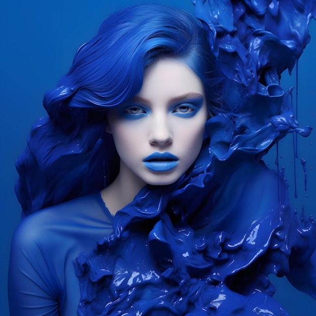 Kobieta o niebieskich włosach i niebieskich oczach pozuje na niebieskim tle.