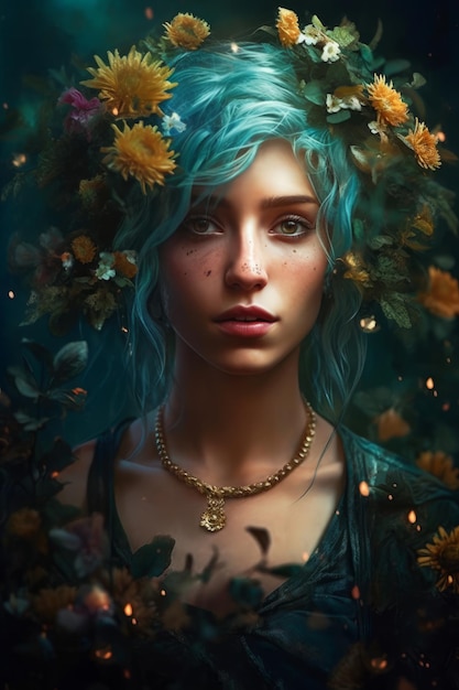 Kobieta o niebieskich włosach i złotej koronie z kwiatów