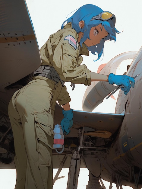 Zdjęcie kobieta o niebieskich włosach stoi w samolocie i nosi niebieski mundur.