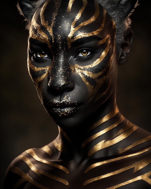 Kobieta o pomalowanej na złoto i czarno twarzy i czarnych paskach