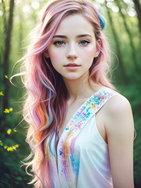 Kobieta o różowych włosach i białym topie z kwiatkiem