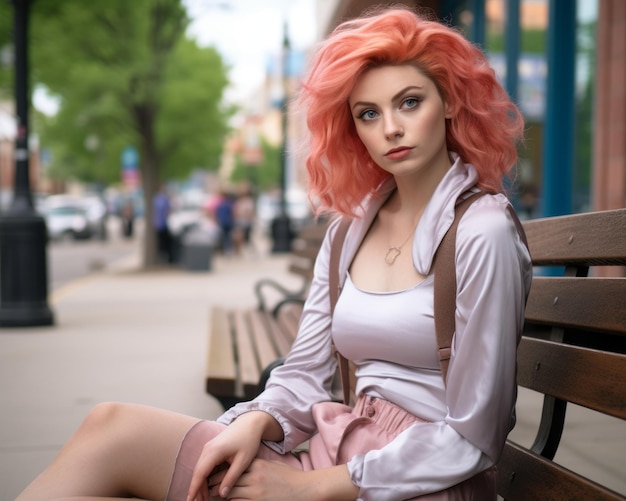 kobieta o różowych włosach siedząca na ławce