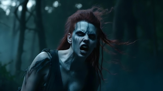 Kobieta o rudych włosach i czarnej twarzy krzyczy w ciemności.