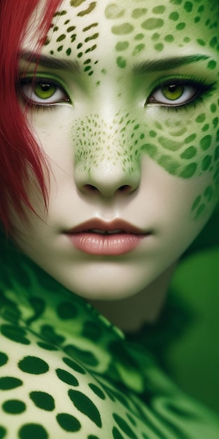 Kobieta o rudych włosach i zielonych oczach z zieloną jaszczurką na twarzy