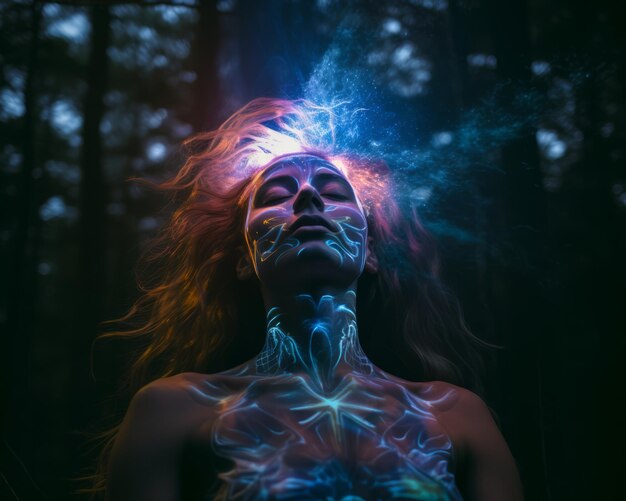 kobieta o świecącej twarzy w lesie