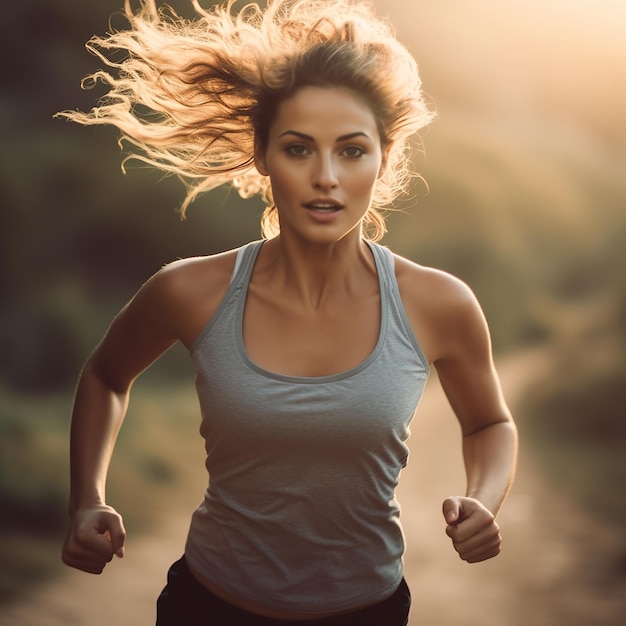 Zdjęcie kobieta o zdrowym stylu życia w koszulce i spodniach sportowych pokazująca temat biegania i chodzenia