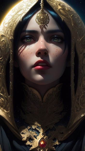 Kobieta o złotych oczach i złotej koronie