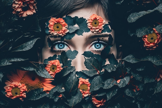 Kobieta o zniewalających niebieskich oczach pośród kolorowych kwiatów Generacyjna sztuczna inteligencja