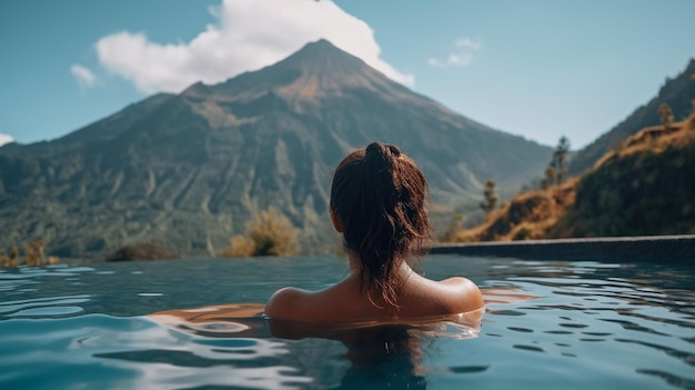 Kobieta odpoczywa w górskim basenie szczupła modelka pozuje na wakacjach w lecie z generatywną sztuczną inteligencją wulkanu