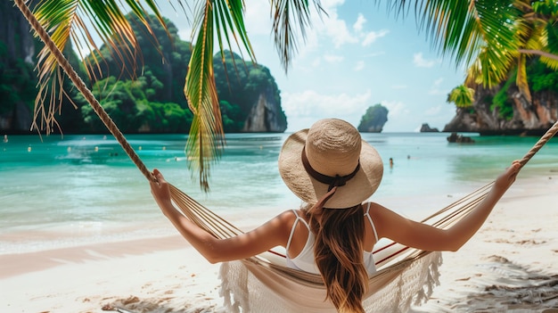 Zdjęcie kobieta odpoczywa w hamaku na letniej plaży