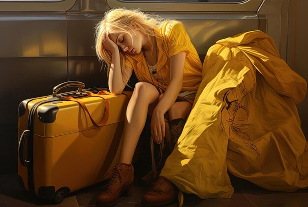 Zdjęcie kobieta opiera się na bagażu w stylu żółtym i bursztynowym