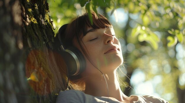 Zdjęcie kobieta opierająca się o drzewo słuchawki i pokojowy wyraz na jej twarzy, jak ona pozwala