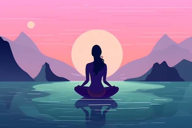 Kobieta osoba fitness ćwiczenia powrót relaks ocean lotos medytacja joga morze Generative AI