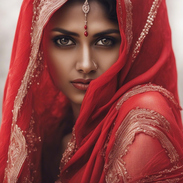 Kobieta owinięta w czerwoną tkaninę piękny cienki portret z bliska