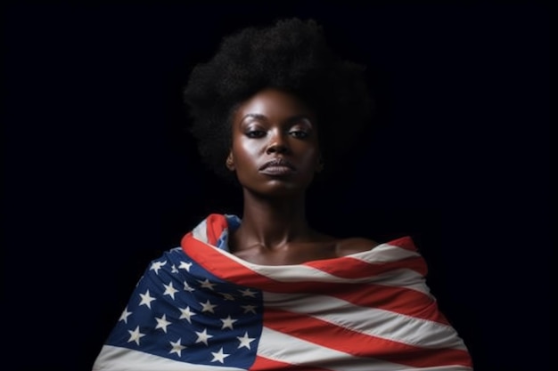 Kobieta owinięta w flagę usa koncepcja 4 lipca juneteenth