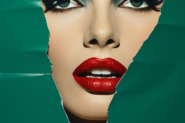 Zdjęcie kobieta papierowa twarz osoba koncepcja koloru usta poprzez moda jeden piękno jasny czerwony zielony