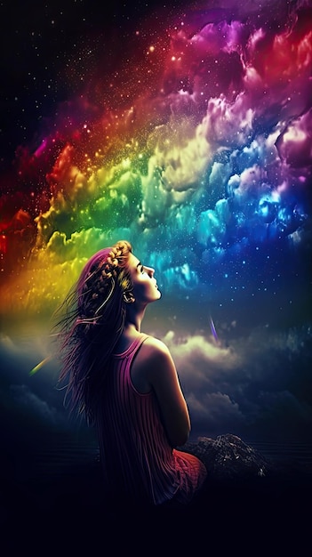 Kobieta patrząc na kolorowe tęczowe niebo