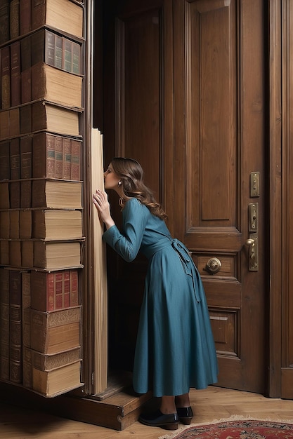 Kobieta patrząca na drzwi w dużej książce