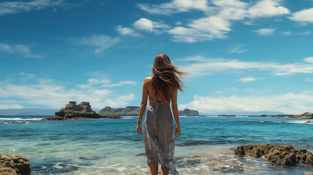 Kobieta patrząca na piękny krajobraz na plaży