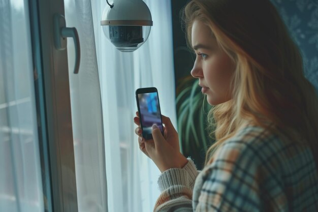 Zdjęcie kobieta patrząca na swój telefon komórkowy może być używana do komunikacji technologicznej lub koncepcji mediów społecznościowych